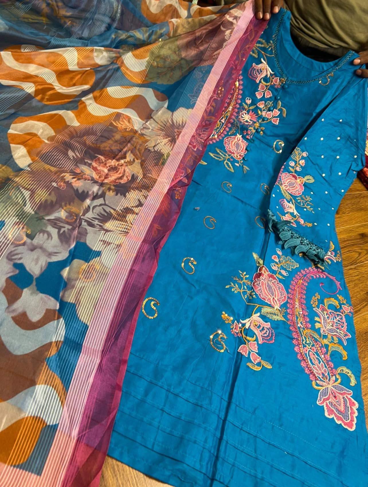 Azure Embroidered Three Piece